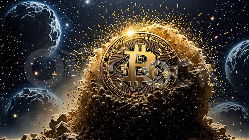 A Bit Coin Exploding Out Of A Pile Of Rocks