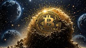 A Bit Coin Exploding Out Of A Pile Of Rocks