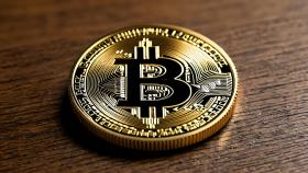 A Bit Coin On A Wooden Table